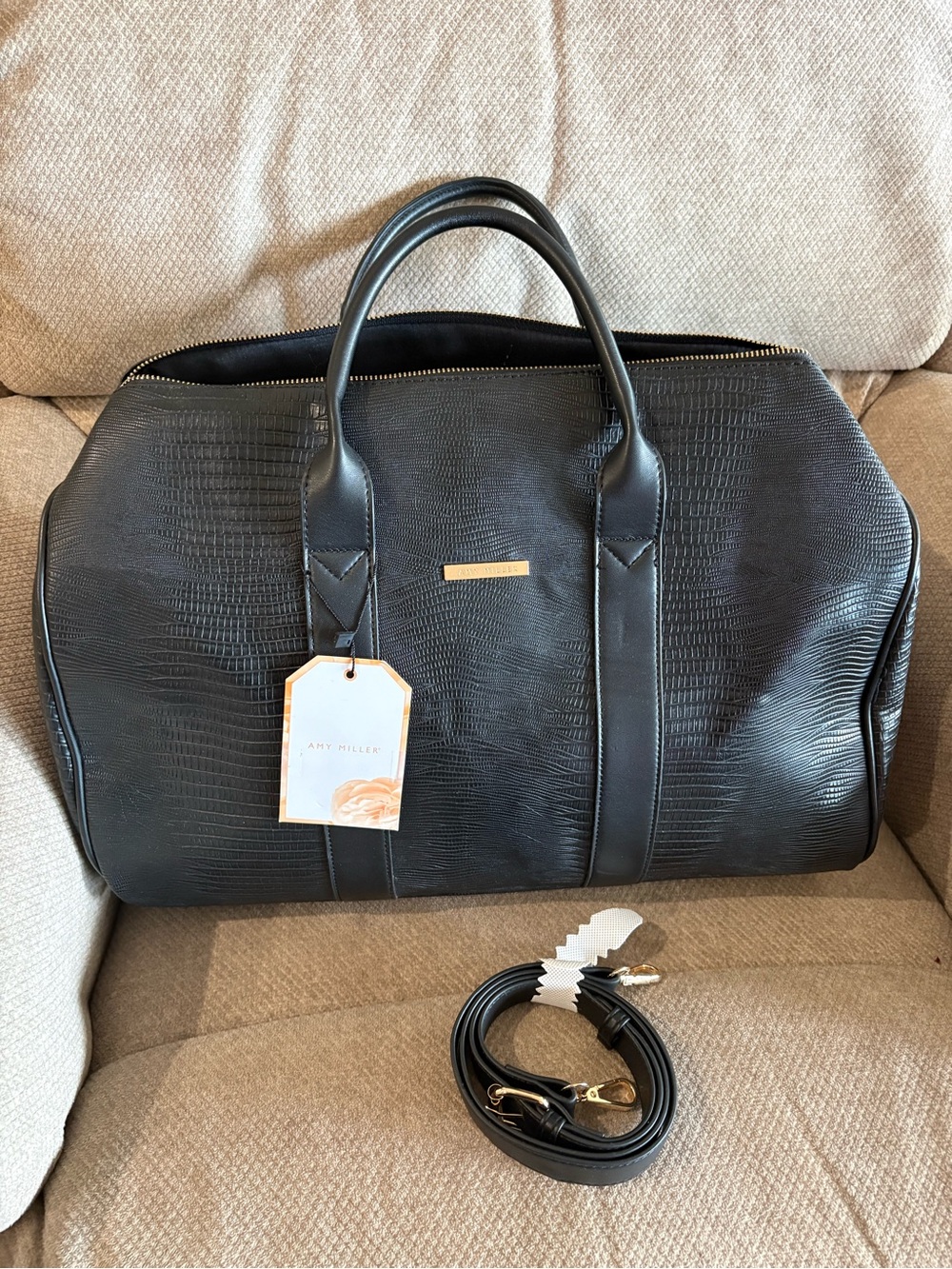 Black Textured Leather Travel Duffel